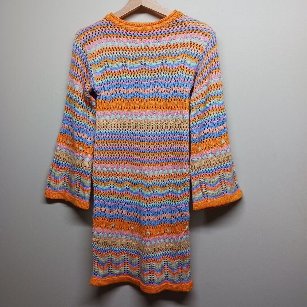 Thanne Crochet Mini Dress Women Size 8 Orange Stripes Flare Sleeves Retro Hippie